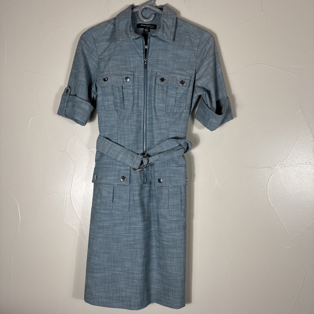Sharagano Denim Shirt Dress Women's 6P Minimalist Cargo Belted Denim Zip